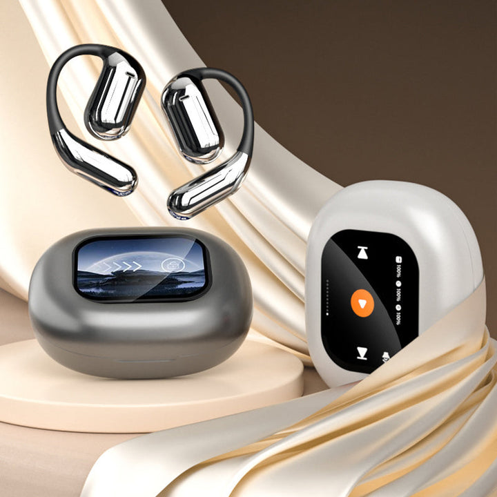 Wireless open ear bluetooth earbuds with silver and black charging cases