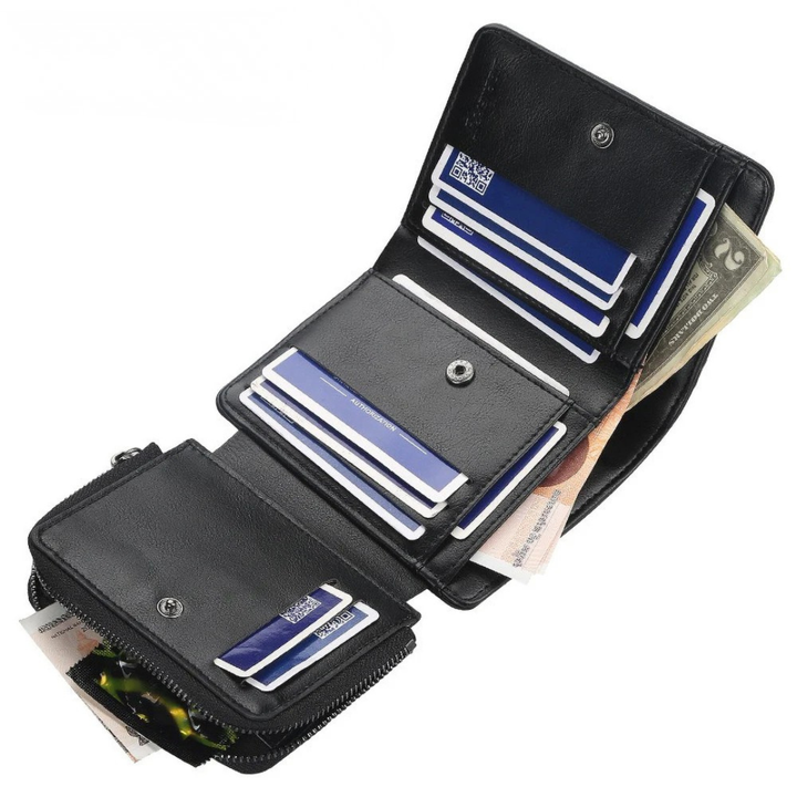 Close up of textured leather mens wallet featuring advanced RFID blocking technology