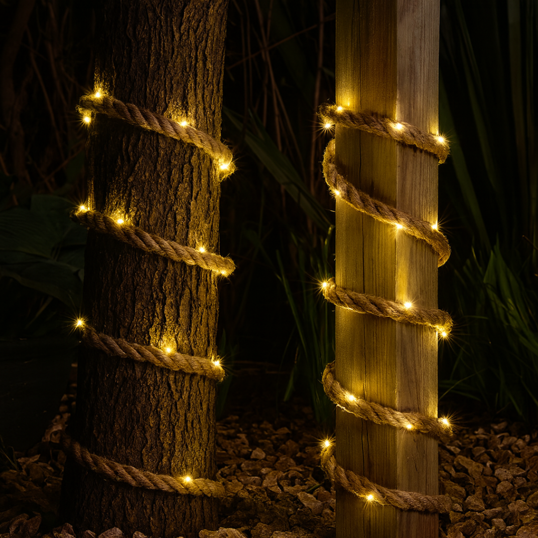 Outdoor solar rope string lights wrapped around wooden pillars at night
