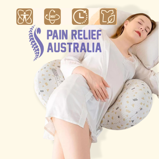 Woman relaxing comfortably on side with the maternity support pillow