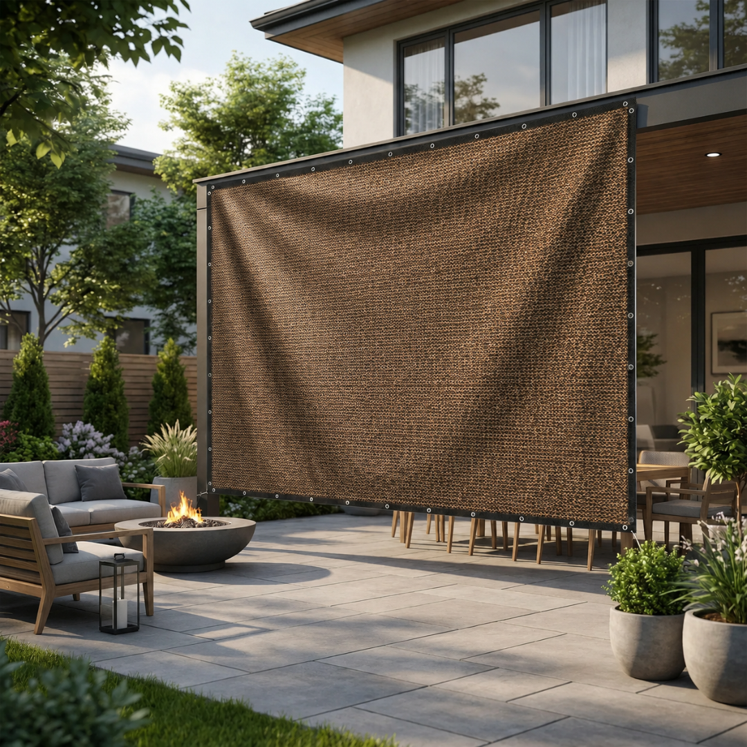 Garden shade sail diffusing bright sunlight over patio furniture