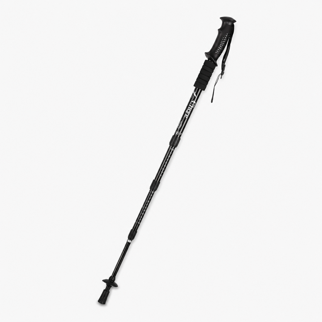 Durable tungsten carbide tip and trekking basket on the outdoor walking pole