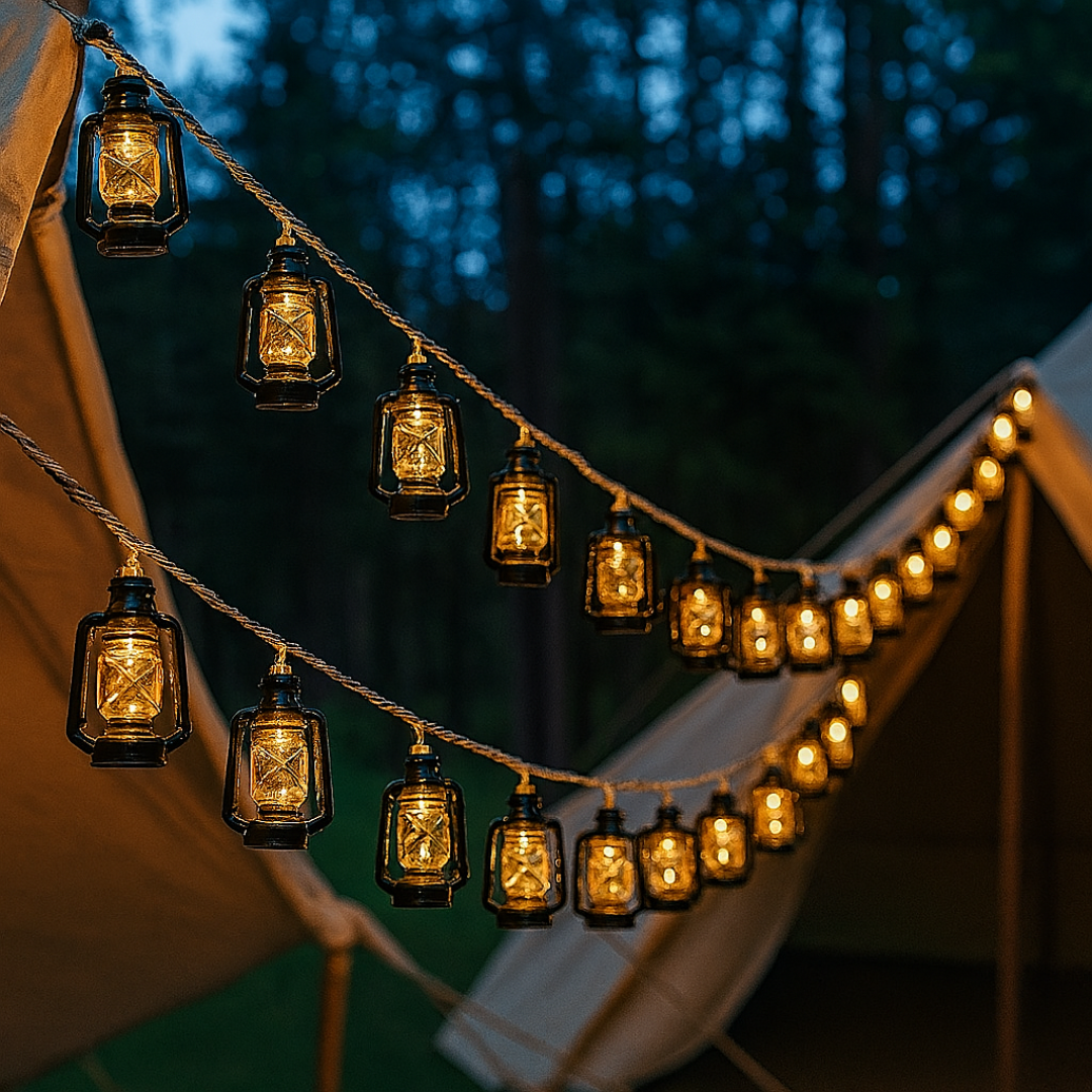 Retro LED lantern string lights glowing warmly outside a tent at dusk