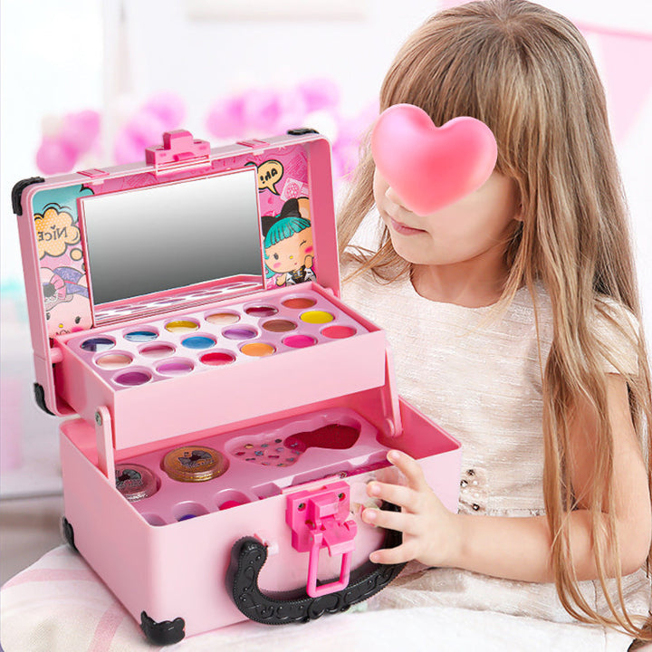 Washable pretend makeup kit featuring bright eyeshadows and lip gloss