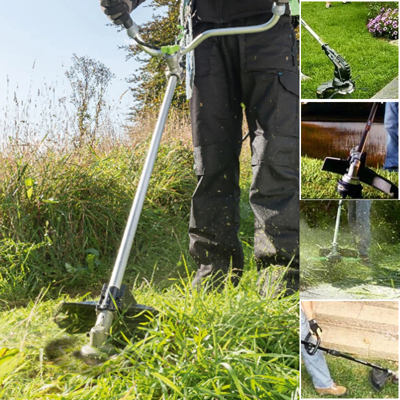Weed removal tool attached to brush cutter cutting thick grass in a yard