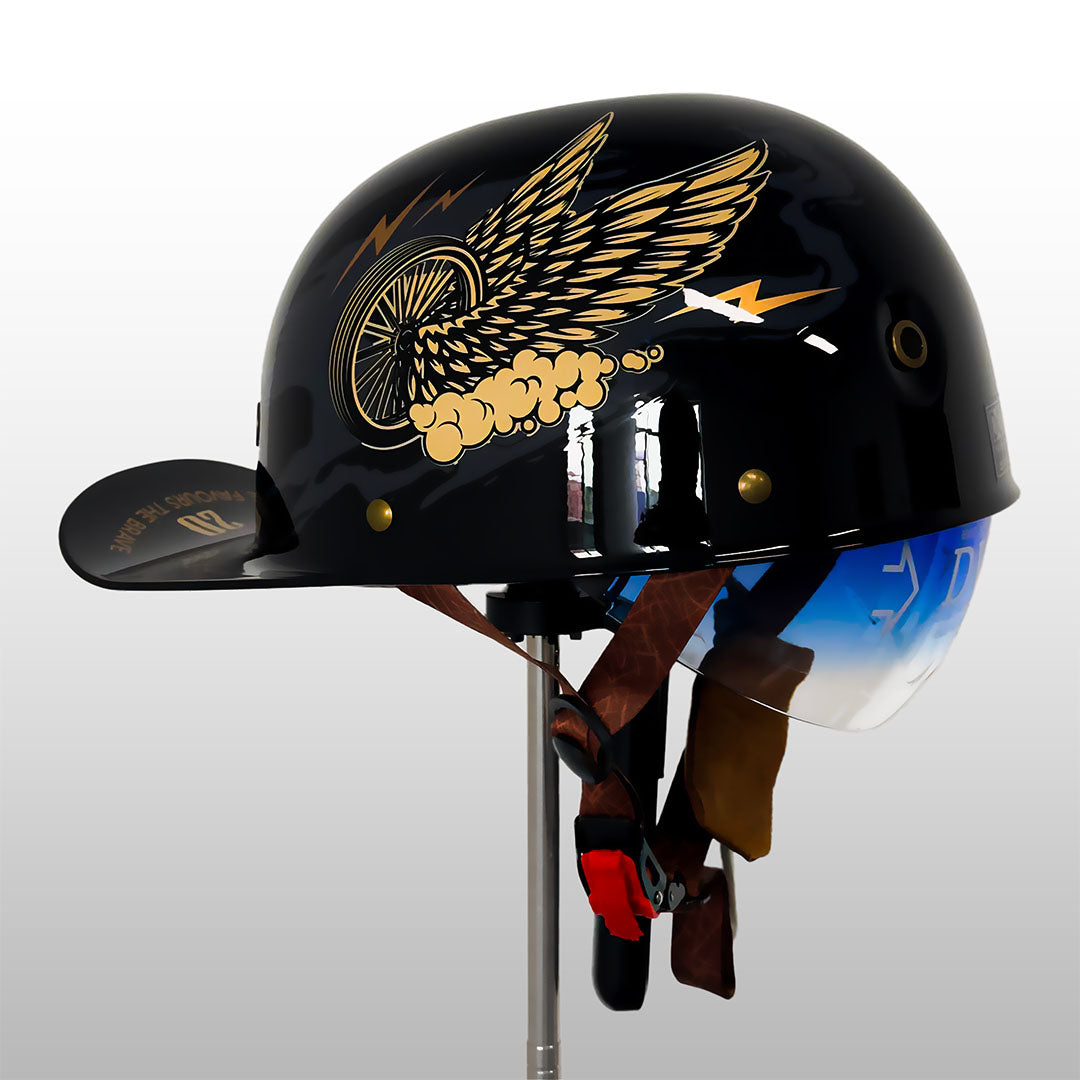Detailed shot of motorcycle helmet visor and front brim