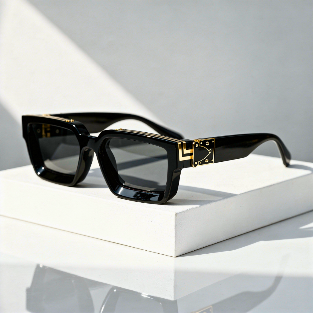 Black square sunglasses with gold hinges on a white display block