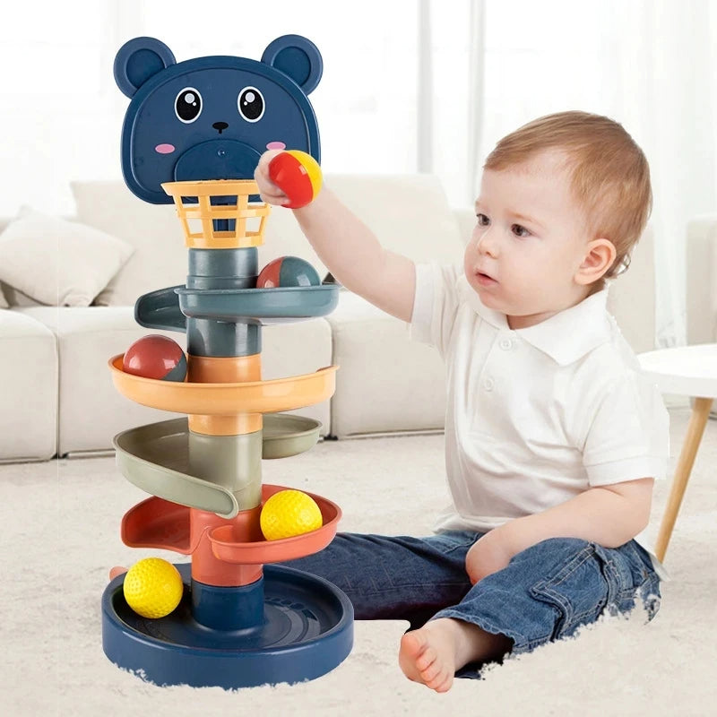 Toddler Montessori ball tower drop toy with multi-colored ramps for educational play