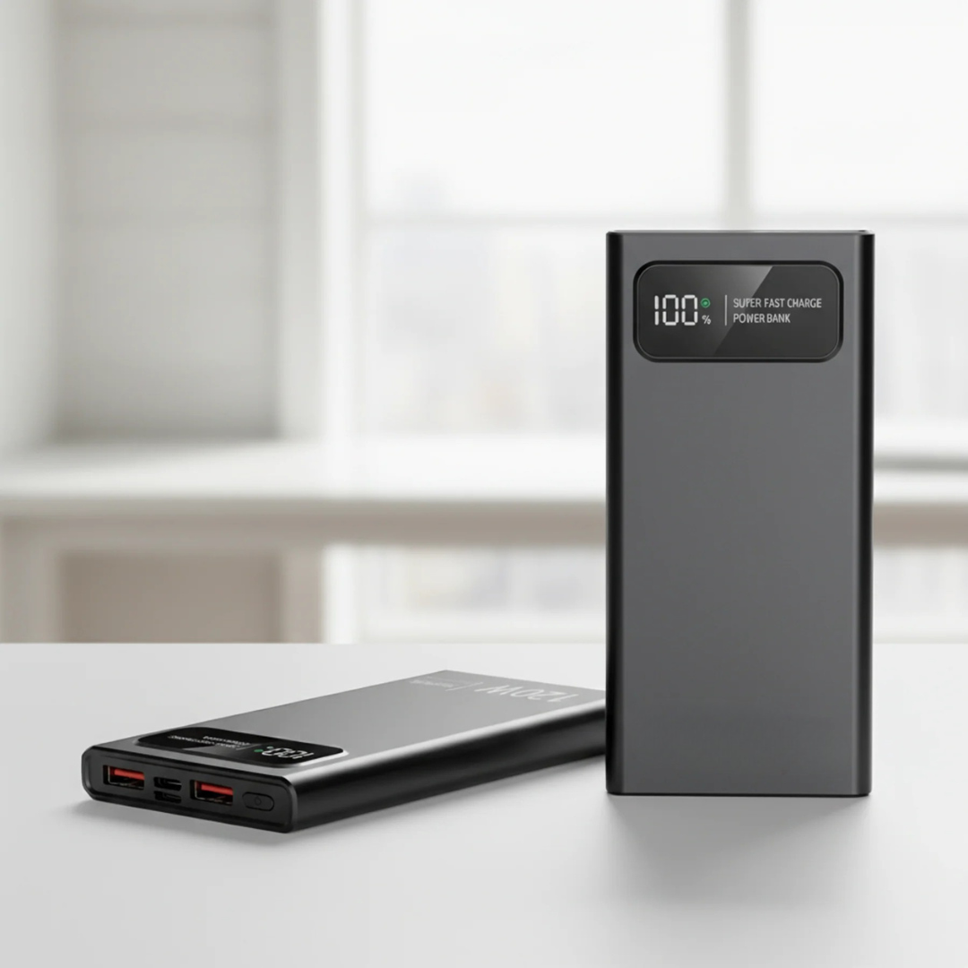 Black portable power bank showing digital LED display and dual USB ports on a white surface