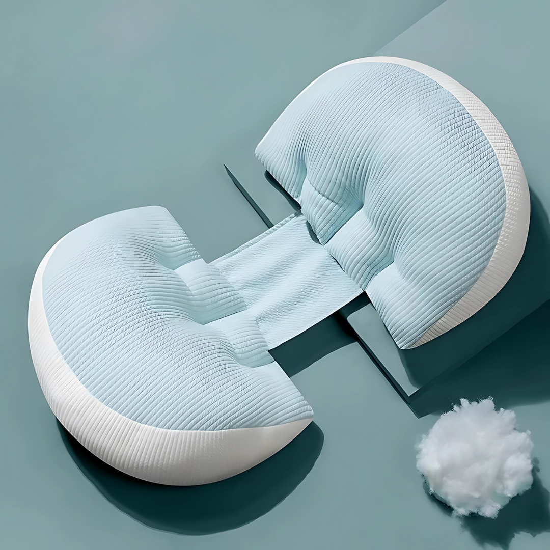 Light blue and white maternity butterfly pillow displayed on a teal background with soft filling material