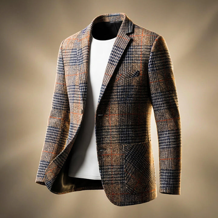 Men's brown checked blazer displayed on a mannequin