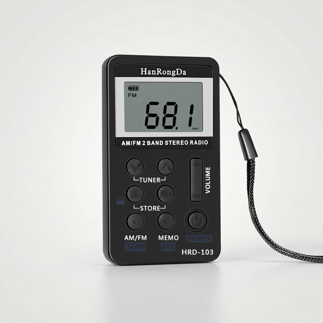 Black mini metal pocket AM/FM radio featuring a clear LCD frequency screen and control buttons.