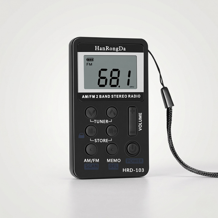 Black mini metal pocket AM/FM radio featuring a clear LCD frequency screen and control buttons.