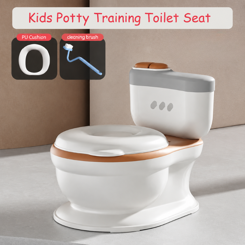 Brown toddler potty training toilet seat with soft cushion and cleaning brush