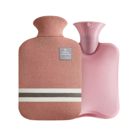 Hot water bottle with cover demonstrating leak-proof stopper design
