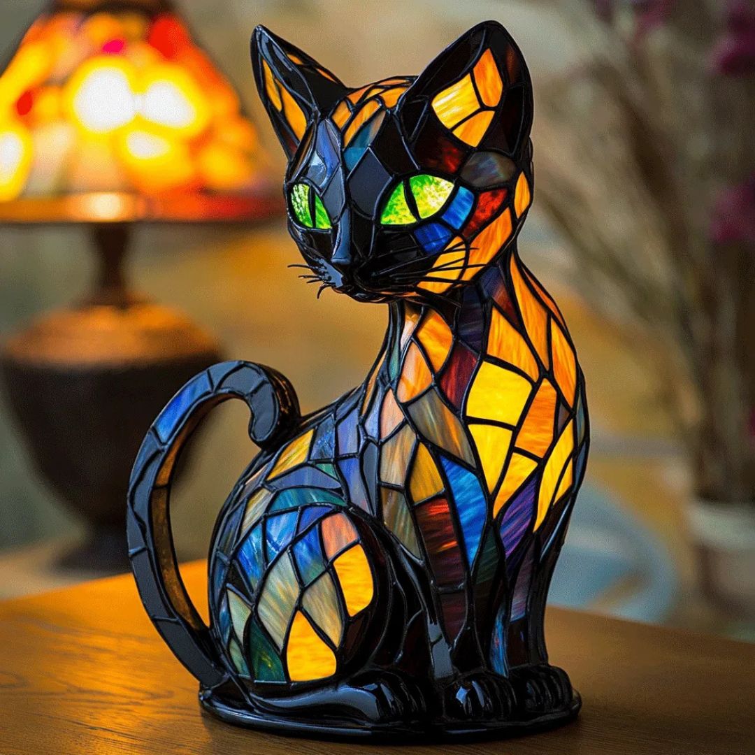 Decorative mosaic cat-shaped table lamp glowing warmly on a wooden surface