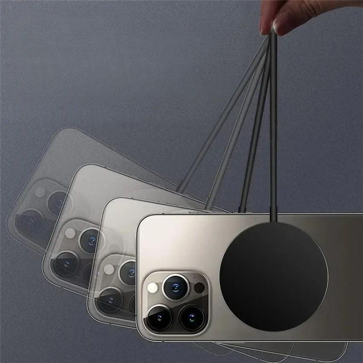 Magnetic fast charger and phone accessory shown from a side angle