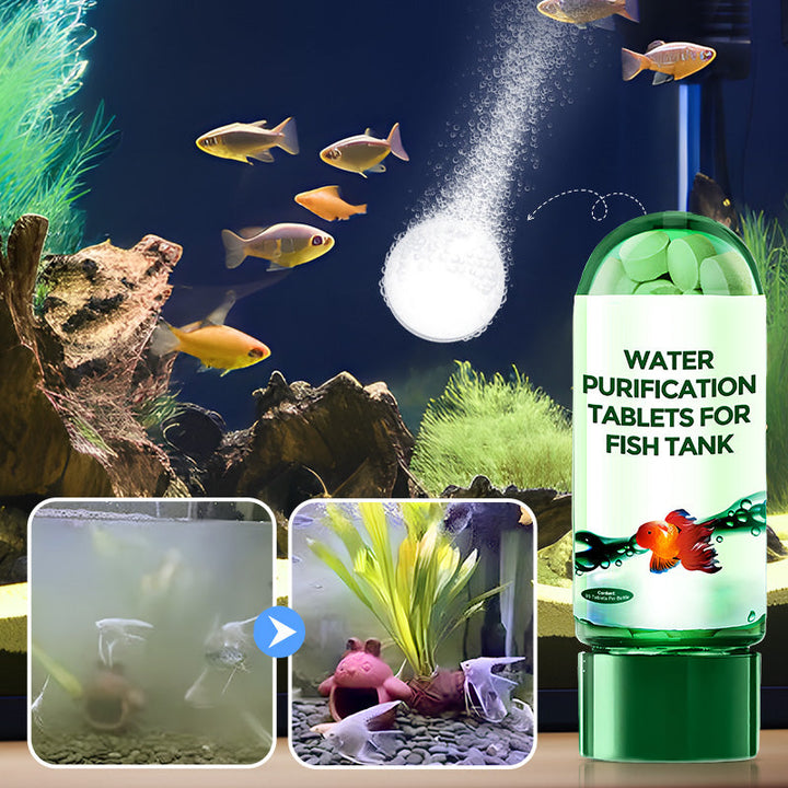 Water purification tablet dissolving in a vibrant aquarium with tropical fish