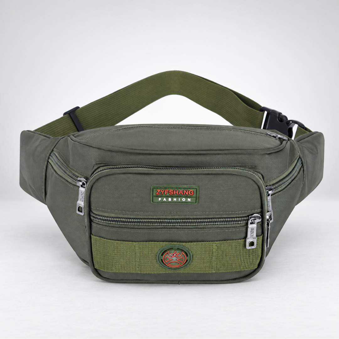Blue outdoor travel fanny pack with secure zipper compartments