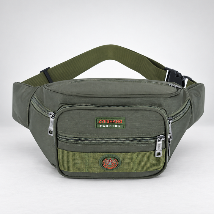 Blue outdoor travel fanny pack with secure zipper compartments