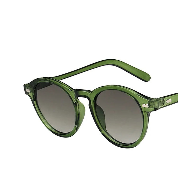 Green retro round sunglasses with gradient lenses and rivet accents