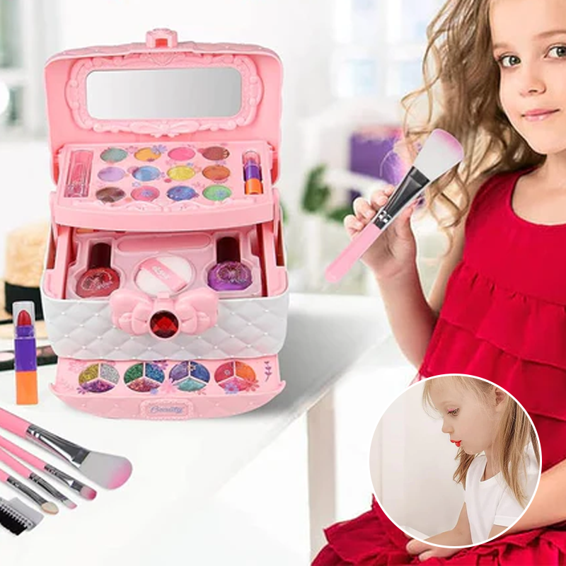 Complete kids washable play makeup kit with a portable vanity case