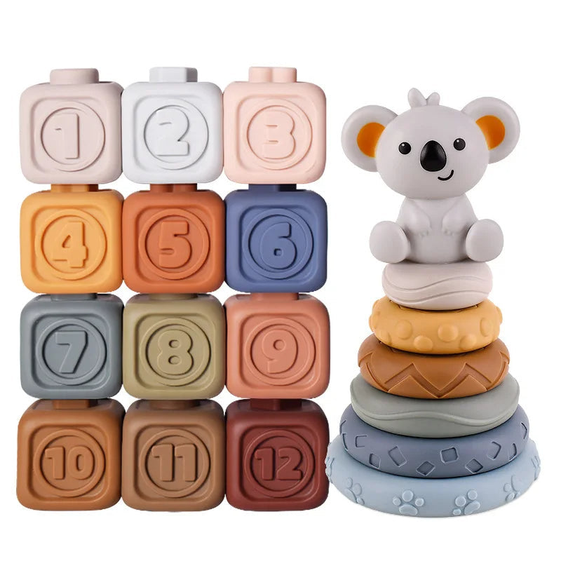 Durable silicone stacking and teething toy for toddlers