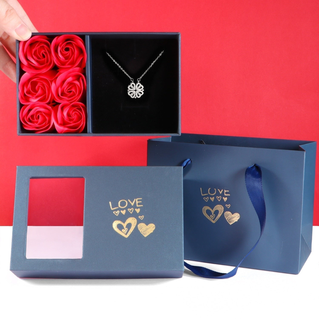 Silver diamond-look necklace presented in a gift box with red rose soaps