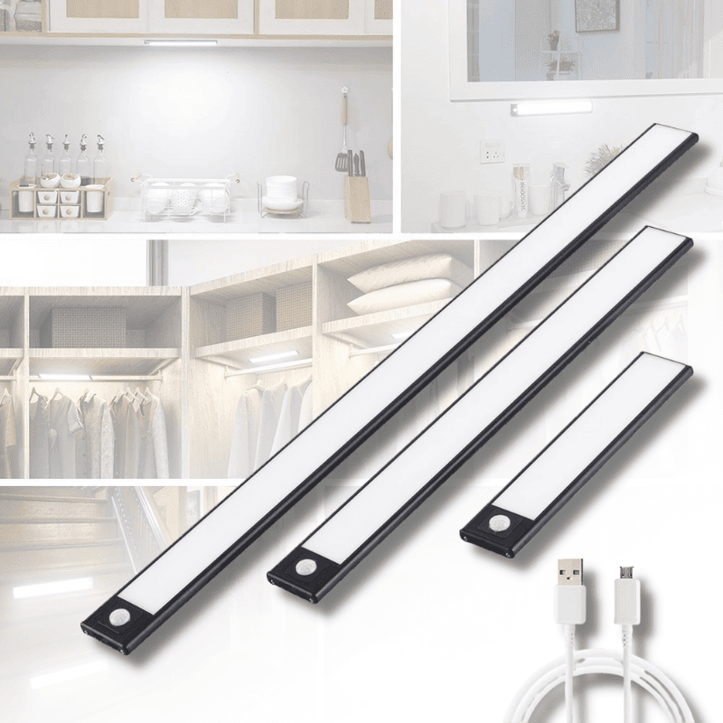 RechargeGlow LED strip lights installed in a kitchen and bathroom