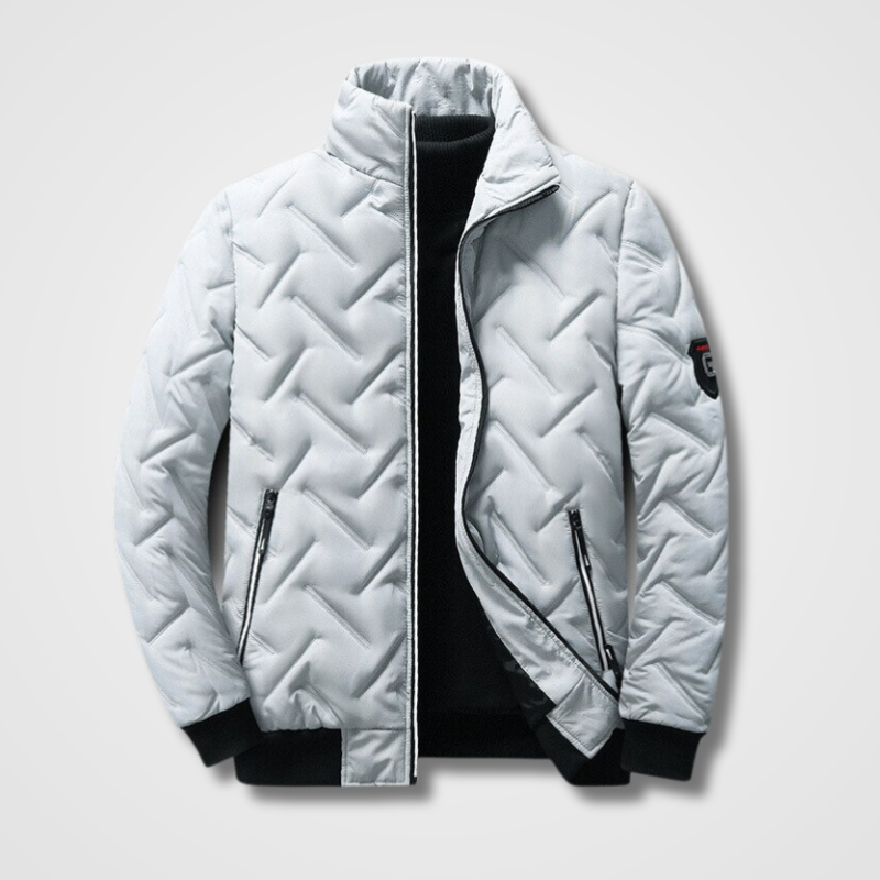 Men's grey winter bomber jacket featuring stylish quilted pattern
