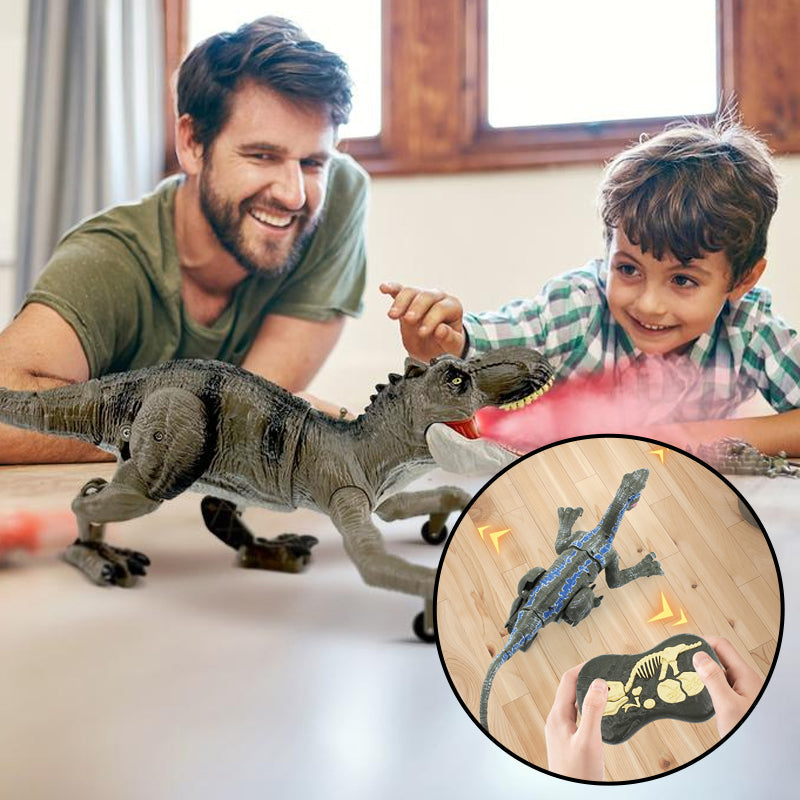 Father and son playing with a remote control dinosaur emitting mist indoors