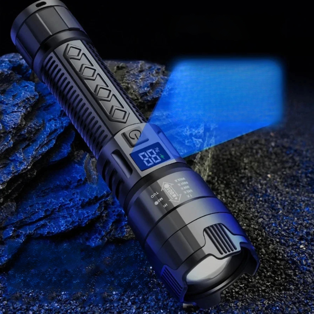 Heavy-duty outdoor flashlight demonstrating beam distance in the woods