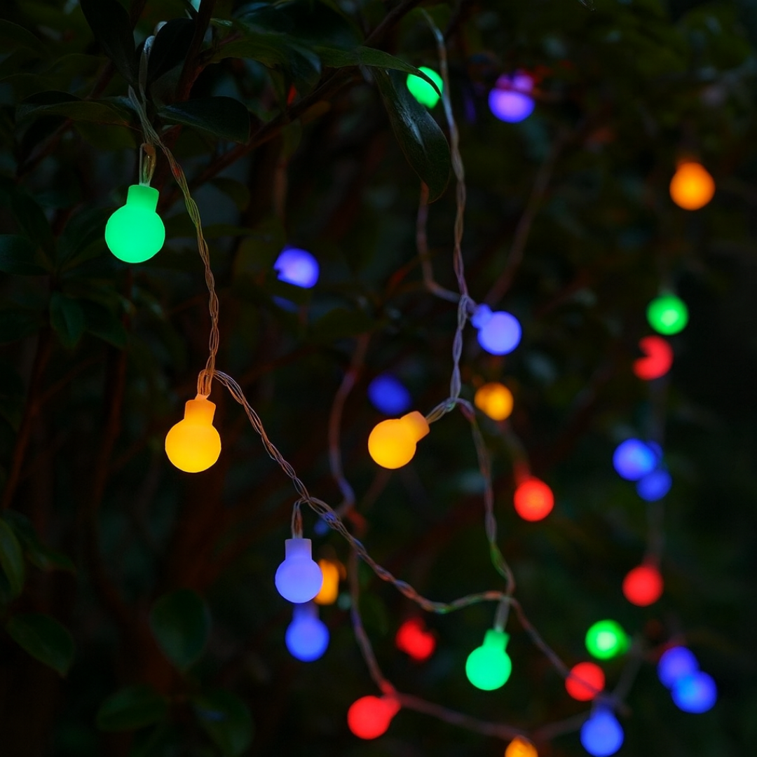 Battery operated fairy lights glowing softly inside a glass mason jar decor
