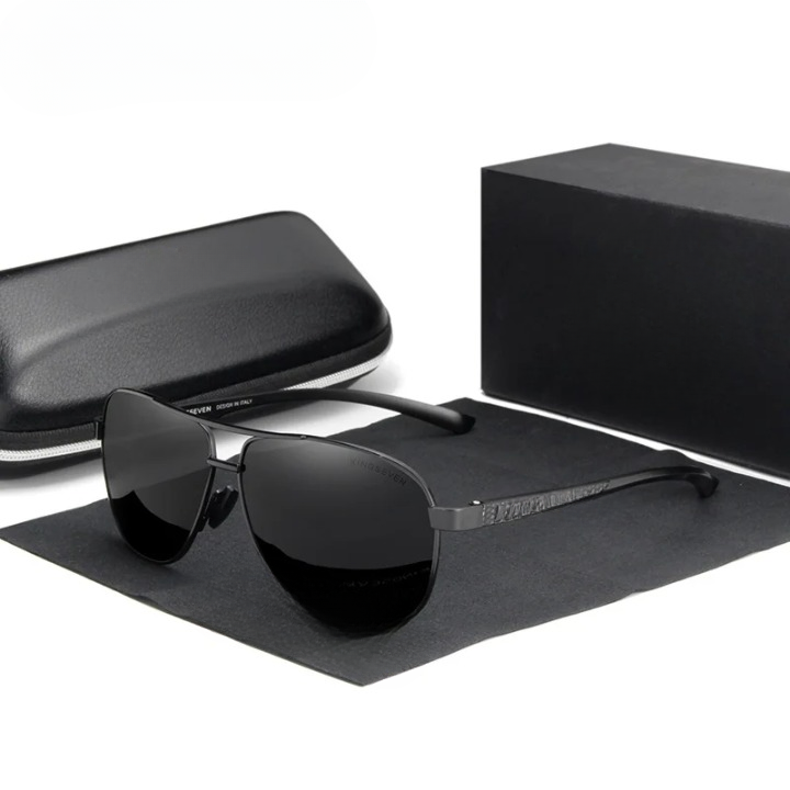 Men's polarized fashion sunglasses in dark grey finish displayed alongside black presentation box