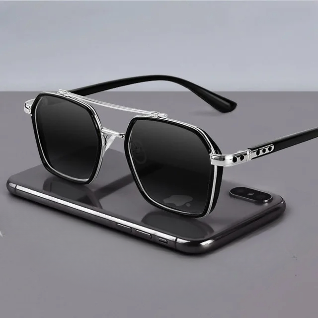 Side profile of men's retro sunglasses featuring UV400 protection and metallic frames