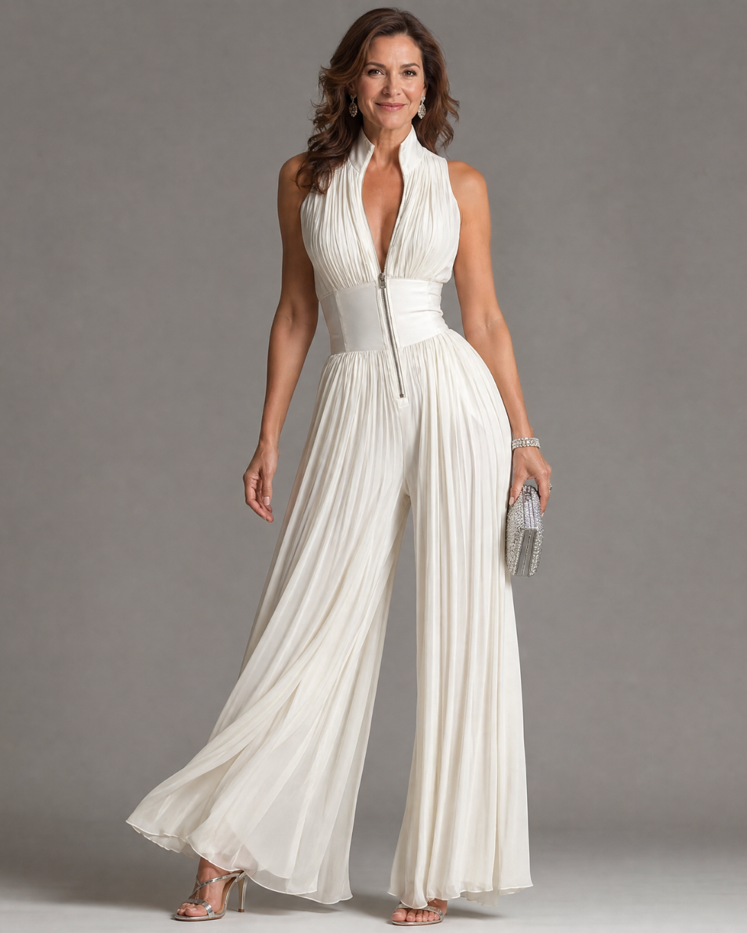 Woman posing gracefully in a white pleated halter neck wide-leg jumpsuit holding a silver clutch