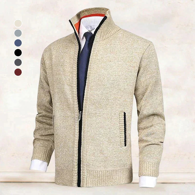 Close-up view of beige men's zip cardigan showing collar detail and zipper against a neutral background