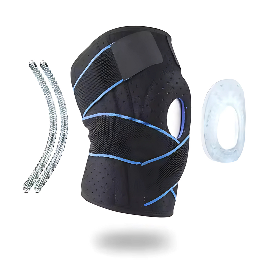 Athletic knee brace with patella support showing flexible sports compression design