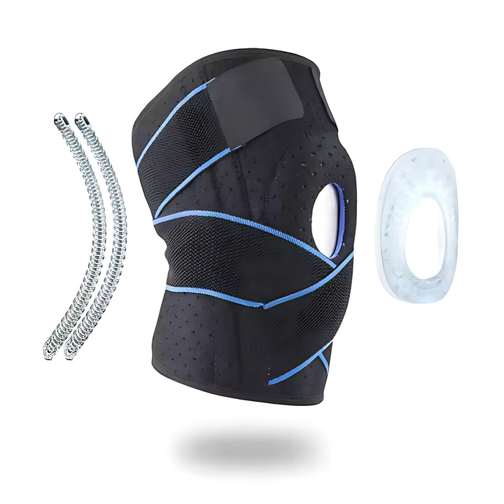 Athletic knee brace with patella support showing flexible sports compression design