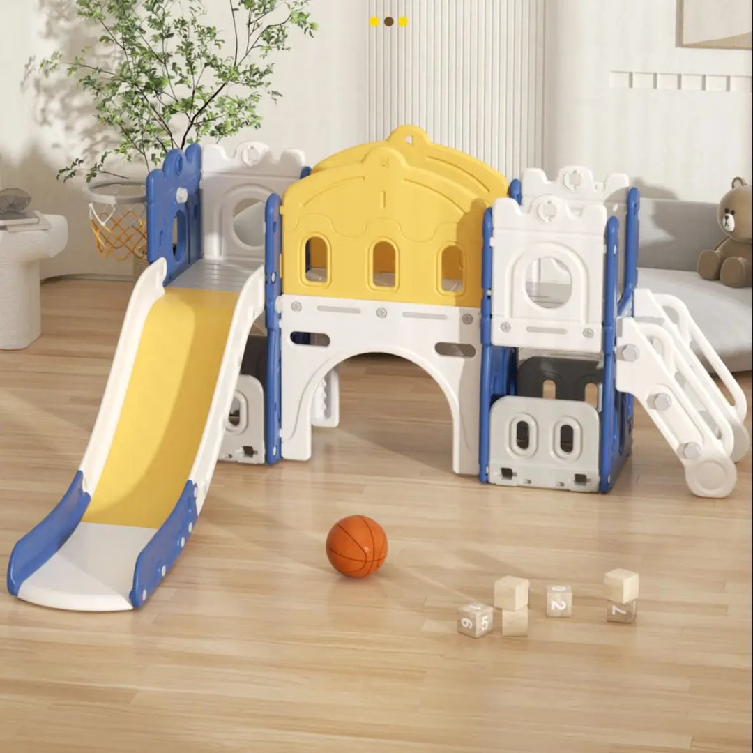 Colorful toddler slide and play center setup in a modern living room