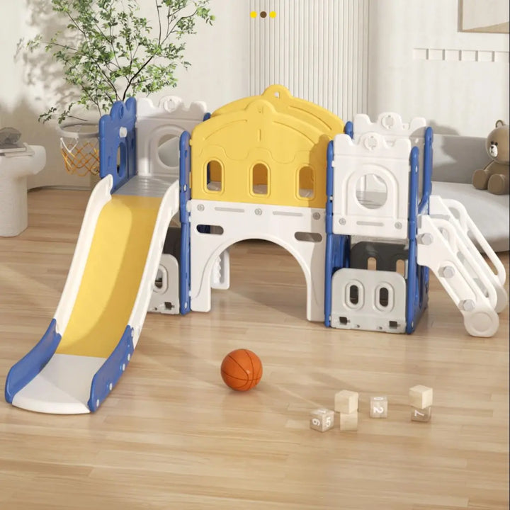 Colorful toddler slide and play center setup in a modern living room