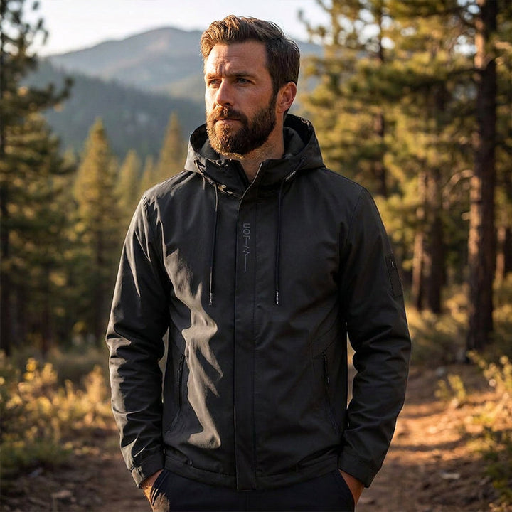 Drawstring hood detail on mens windproof jacket