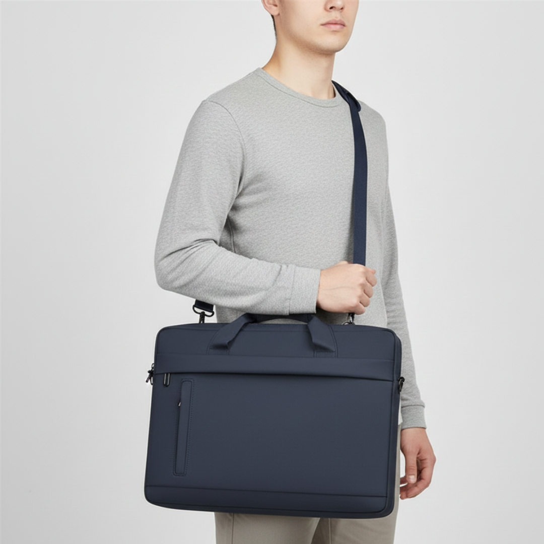 Man wearing a blue laptop carry bag over his shoulder in a studio setting