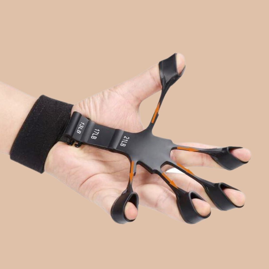 Black grip strength trainer worn on hand showing resistance levels