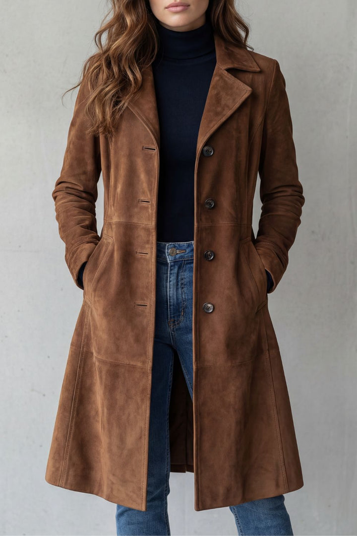 Close-up of the brown long coat showing buttons and pocket details