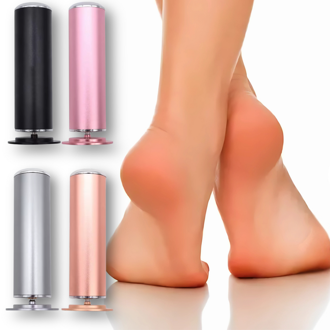 Four electric foot callus removers in black, pink, silver, and gold displayed next to smooth heels