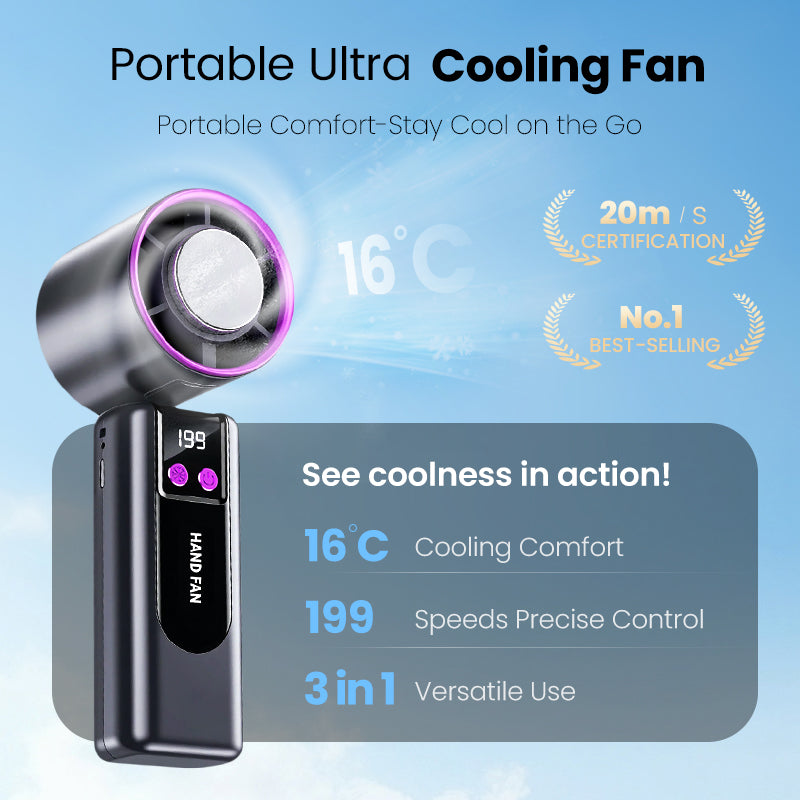 Portable mini cooling fan displaying temperature and speed settings on LED screen