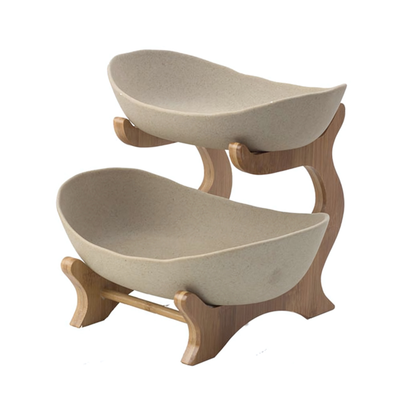 Beige two-tier fruit bowl with wooden stand on white background