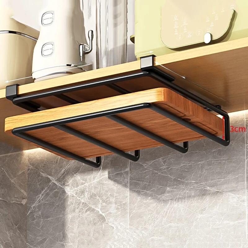 Single layer kitchen hanging organizer holding a cutting board under a shelf