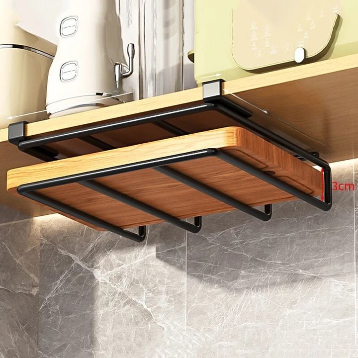Single layer kitchen hanging organizer holding a cutting board under a shelf